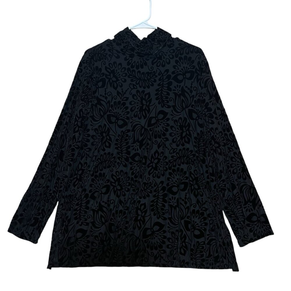 Soft Surroundings Top Tunic Plus 2X Black Velvet Burnout Turtleneck Fairy Witchy